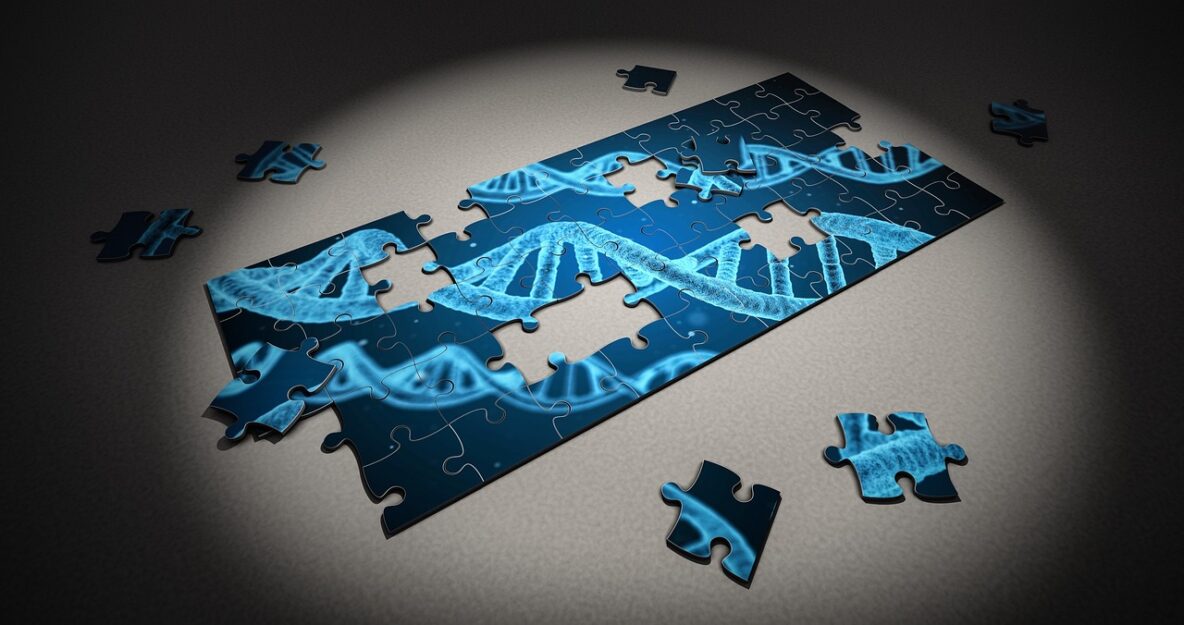 Partially completed puzzle of a DNA double helix